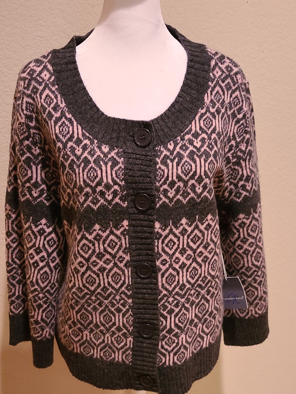 Carroll Reed Fair Isle Wool Pink and Charcoal  Button-Up Cardigan Size L NWOT